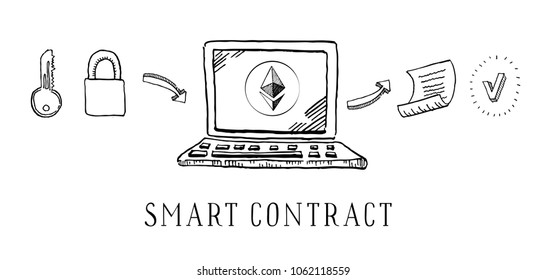 Hand drawn vector sketch cartoon doodle illustration - ethereum smart contract with laptop black on white background