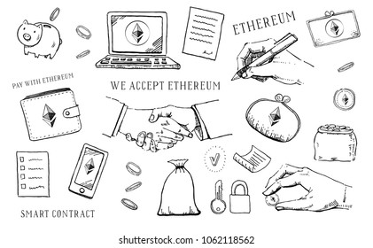 Hand drawn vector sketch cartoon doodle ethereum crypto currency set black on white background