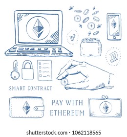 Hand drawn vector sketch cartoon doodle ethereum crypto currency set with hand and coin blue on white background
