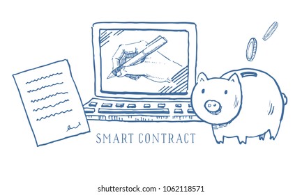 Hand drawn vector sketch cartoon doodle smart contract ethereum illustration with money box and laptop blue on white background