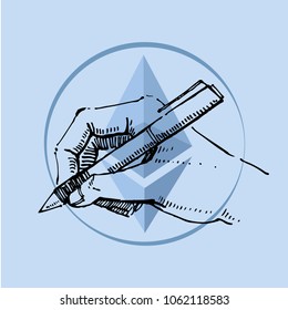 Hand drawn vector sketch cartoon doodle illustration - hand with pen on ethereum logo. Black on blue background 