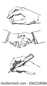 Hand drawn vector sketch cartoon set of hands. Signing, holding ethereum crypto currency coin and handshaking. Black on white background