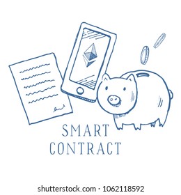 Hand drawn vector sketch cartoon doodle smart contract ethereum illustration with money box blue on white background