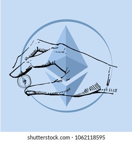 Hand drawn vector sketch cartoon doodle illustration - hand with coin on ethereum logo. Black on blue background 