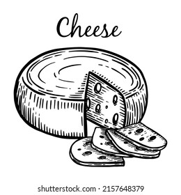 Hand drawn vector sketch of cheese. Pieces, slices, cutting isolated on white background.
