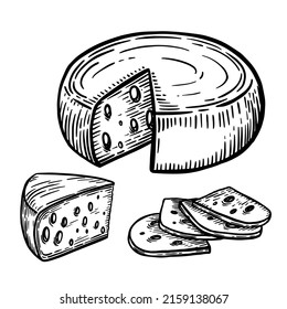 Hand drawn vector sketch of cheese. Pieces, slices, cutting isolated on white background.