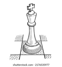 Hand drawn vector sketch. Chess piece on a white background. Chess king illustration in doodle style. Drawing of a king of a chess piece.