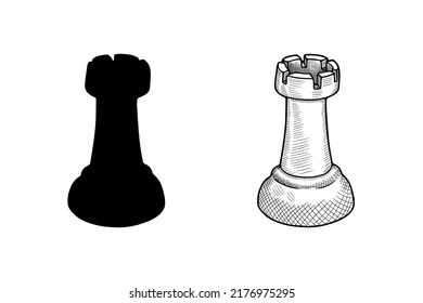 Hand drawn vector sketch. Chess piece on a white background. Chess rook illustration in doodle style. Drawing of a rook of a chess piece.