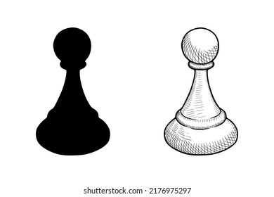 Hand drawn vector sketch. Chess piece isolated on white background. Pawn illustration in doodle style. Drawing of a chess piece pawn.