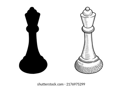 Hand drawn vector sketch. Chess piece on a white background. Chess queen illustration in doodle style. Drawing of a queen of a chess piece.