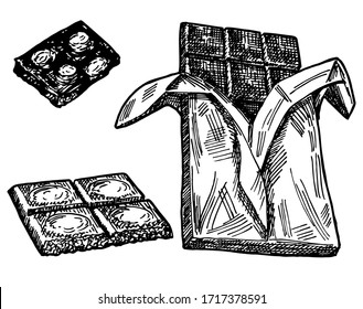 Hand drawn vector sketch of chocolate isolated on a white. Old engraving imitation. Chocolate hand drawn sketch imitation. Whole chocolate and pieces.