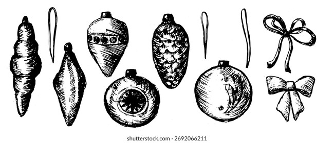 Esboço vetorial desenhado à mão de bolas de enfeites de Natal e arcos em estilo de gravura vintage. Ilustração de caneta tinteiro para férias de inverno. Conjunto de contornos de bolhas de Natal. Esboço linear de brinquedos e arcos de árvores