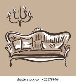 Hand drawn vector sketch of a classic couch with pillows on the beige background. Elegant furniture.