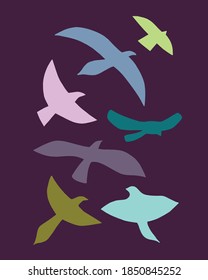 Hand drawn vector sketch color birds. Simple flat icon on color background. Illustration for logo, emblems, wrapping paper, post cards and print design.