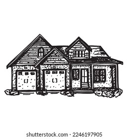 Esbozo vectorial dibujado a mano de una casa de estilo artesano para logotipos inmobiliarios etiquetas de anuncios y arte.