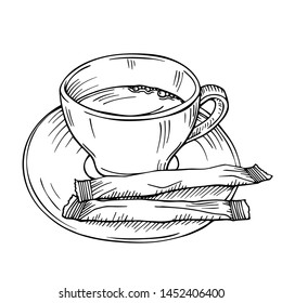 Hand drawn vector sketch with a cup of tea isolated on a white. A cup of coffee with two sticks of sugar