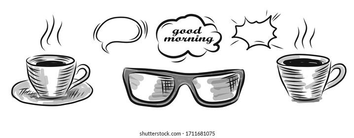 Hand drawn vector sketch cup of coffee and sunglasses. 