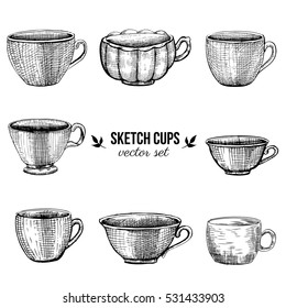 Hand drawn vector sketch cups isolated on white background, decorative silhouette dishware, vintage style, for design packaging tea, coffee, restaurant menu, greeting card for tea party, organic shop