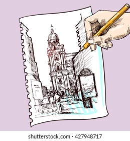 Hand drawn vector sketch of European street. Beautiful drawn city. Sketch style city. Malaga, Spain.