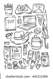 Hand drawn vector sketch female things icons set.Illustration of umbrella,Women's Hat,book,diary,teapot,coffee,detox water in glass,laptop,nail polish,cosmetic,camera,letter and other girls stuff