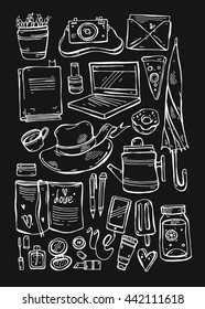 Hand drawn vector sketch female things icons set.Illustration of umbrella,Women's Hat,book,diary,teapot,coffee,detox water in glass,laptop,nail polish,cosmetic,camera,letter and other girls stuff