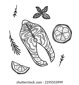 Hand drawn vector sketch of fresh salmon steak with rosemary, lemon and spice isolated on a white. Healthy seafood.