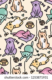 Hand drawn vector sketch of funny cartoon cats. Seamless pattern.