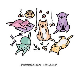 Hand drawn vector sketch of funny cartoon cats.