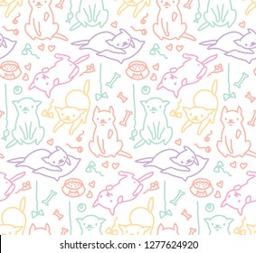 Hand drawn vector sketch of funny cartoon cats. Seamless pattern.