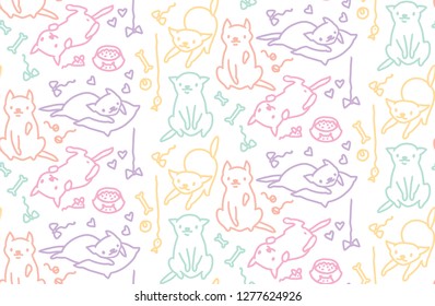 Hand drawn vector sketch of funny cartoon cats. Seamless pattern.