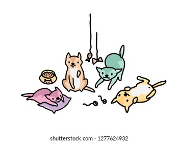 Hand drawn vector sketch of funny cartoon cats.