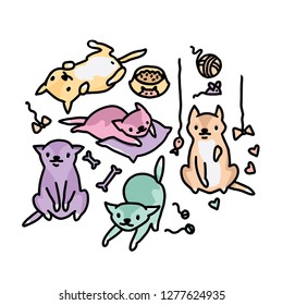 Hand drawn vector sketch of funny cartoon cats.