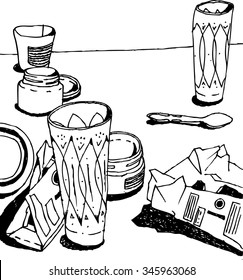 Hand drawn vector sketch of  glasses and chocolate.  Still life with drinks and sweets. Freehand drawing illustration of dinner