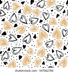 Hand drawn vector sketch gold and black seamless background pattern with hearts. Bright backdrop for wrapping paper, greeting cards, posters, invitation, wedding and Valentines cards.