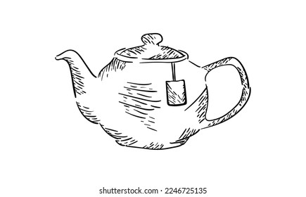 Hand drawn vector sketch of Healthy green tea cup with tea leaves. Cup of tea with mint, isolated on white