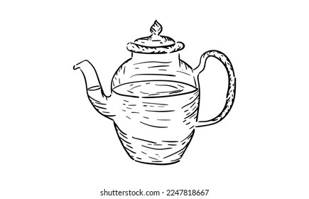 Hand drawn vector sketch of Healthy green tea cup with tea leaves. Cup of tea with mint, isolated on white