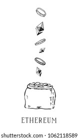 Hand drawn vector sketch illustration with money bag. Cartoon doodle ethereum crypto currency. Black on white background
