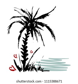 Hand drawn vector sketch illustration with abstract black silhouette of palm, red heart and blue sea.