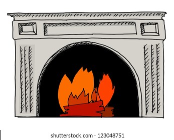 hand drawn, vector, sketch illustration of fireplace