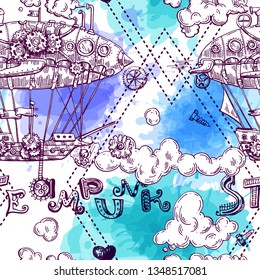 Hand drawn vector sketch illustration vintage aircraft. Steampunk style. Mechanical drawing.