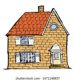 Hand drawn, vector, sketch illustration of individual cottage. Typical city home for one family. Classical style, made from different materials. Motive of everyday life