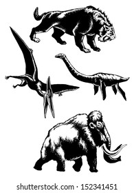 hand drawn, vector, sketch illustration of collection of prehistoric animals