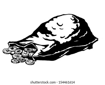 hand drawn, vector, sketch illustration of lying sack of coins