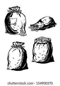 hand drawn, vector, sketch illustration of collection bags with coins