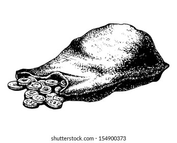 hand drawn, vector, sketch illustration of lying sack of coins
