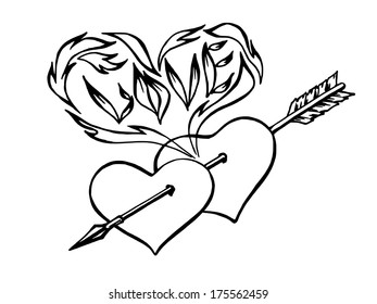 hand drawn, vector, sketch illustration of flaming hearts, heart pierced by an arrow