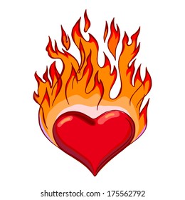 hand drawn, vector, sketch illustration of flaming hearts