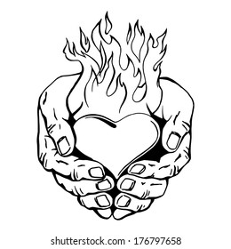 hand drawn, vector, sketch illustration of flaming heart in her hands