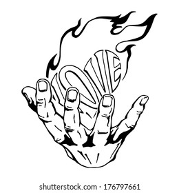 hand drawn, vector, sketch illustration of flaming heart in her hand
