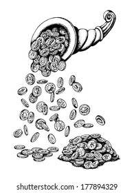 Hand Drawn, Vector, Sketch Illustration Of Cornucopia, Rain Money